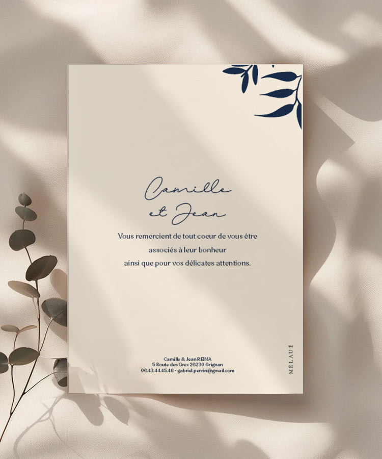 Carte remerciement mariage Feuillage