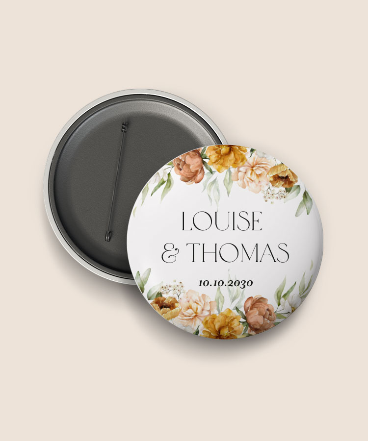 Badge mariage personnalisé invité fleurs