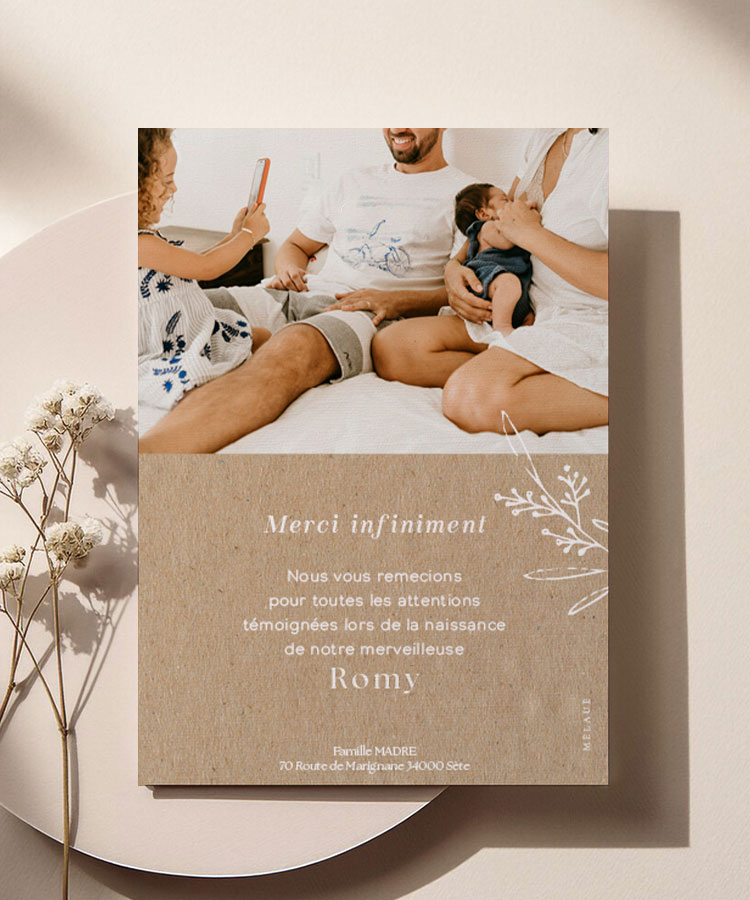 Carte remerciement naissance kraft Romy