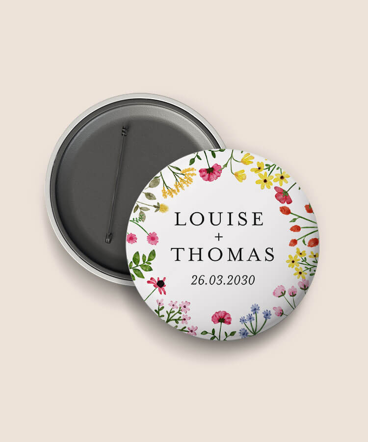 Badge mariage fleurs colorées